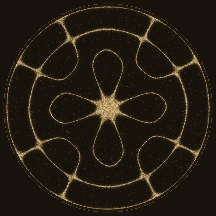 GongSpace's figure for its guide to leading a sound bath: gold sand on a dark round plate, four petals at the center inside a ring, lines running out to the rim