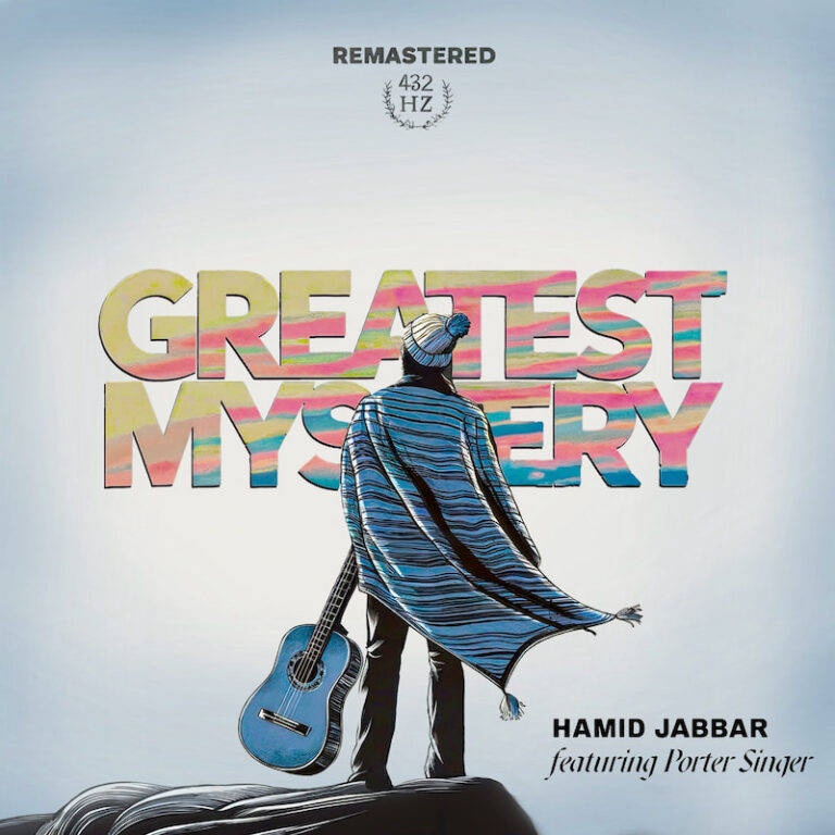 Album cover for Greatest Mystery by Hamid Jabbar, a figure in a striped blanket carrying a guitar