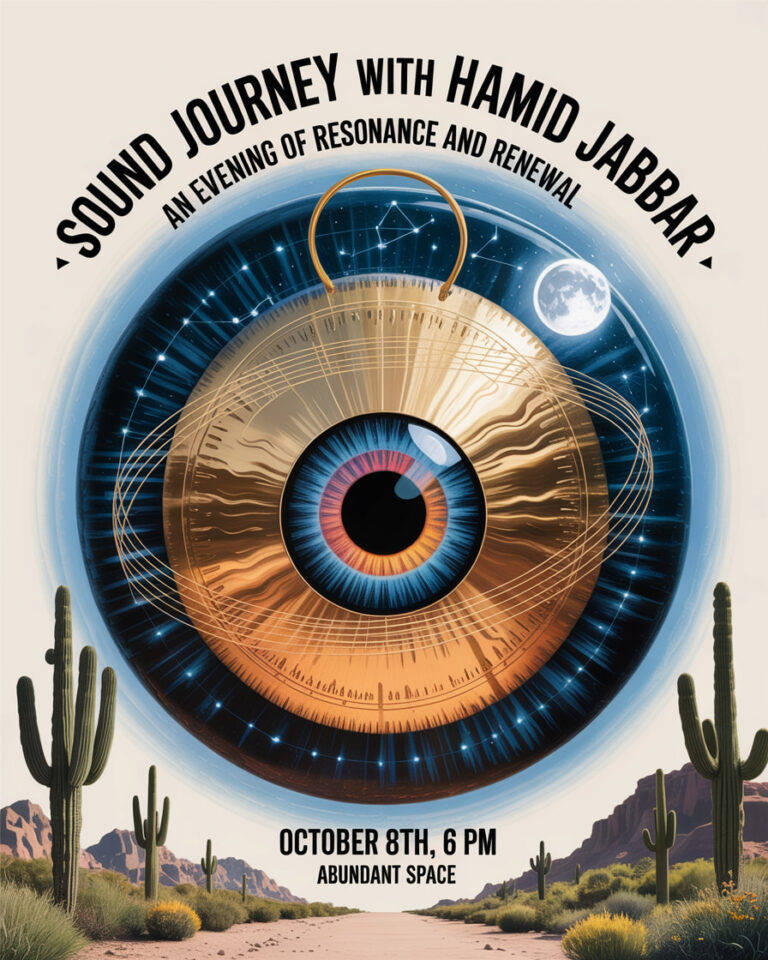 Flier for Sound Journey with Hamid Jabbar, an evening of resonance and renewal, October 8, 6pm at Abundant Space