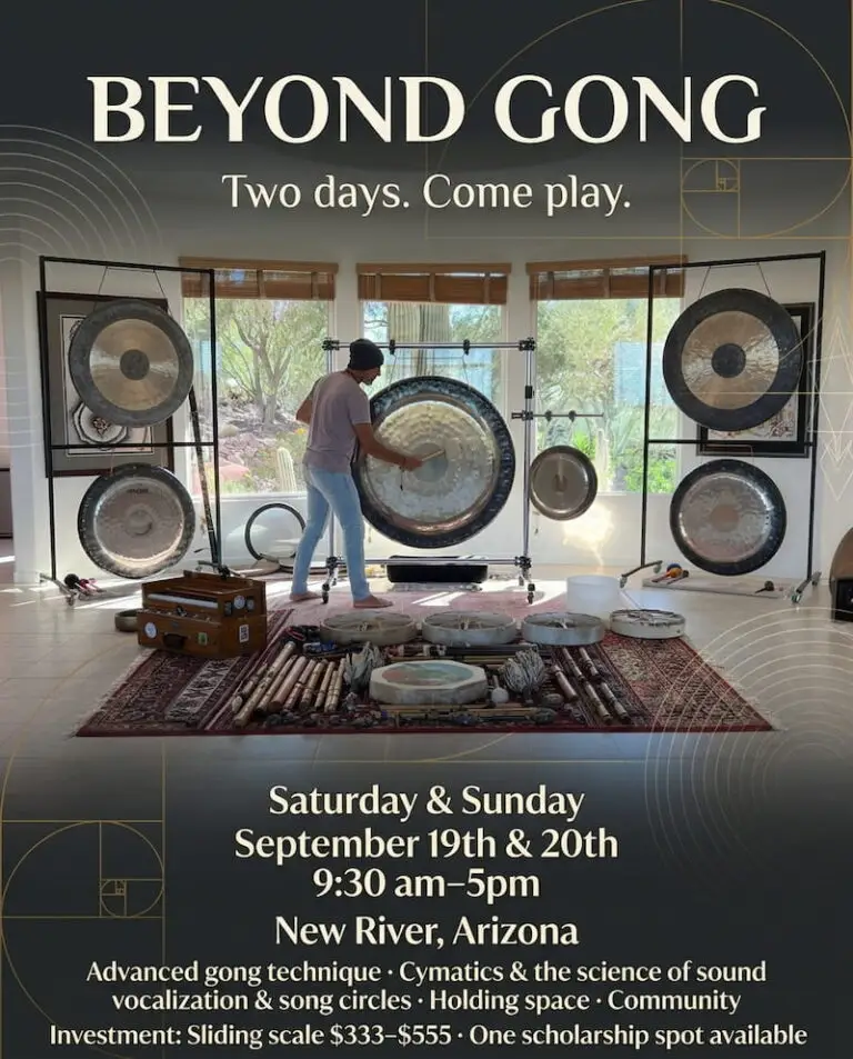 Flier for the Beyond Gong weekend, Saturday and Sunday September 19 and 20, 9:30am to 5pm, New River, Arizona