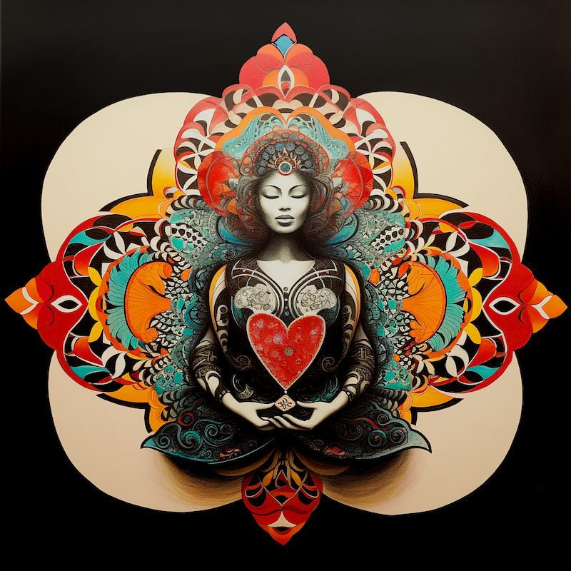 Cover art for Sacred Mother Earth Meditations, a painted figure seated in meditation holding a red heart, framed by a symmetrical mandala in orange, teal and black