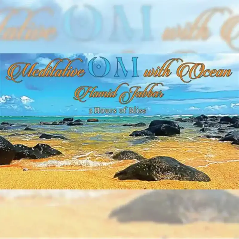 Cover art for Meditative OM with Ocean, dark rocks on a yellow sand beach with turquoise surf behind the title lettering