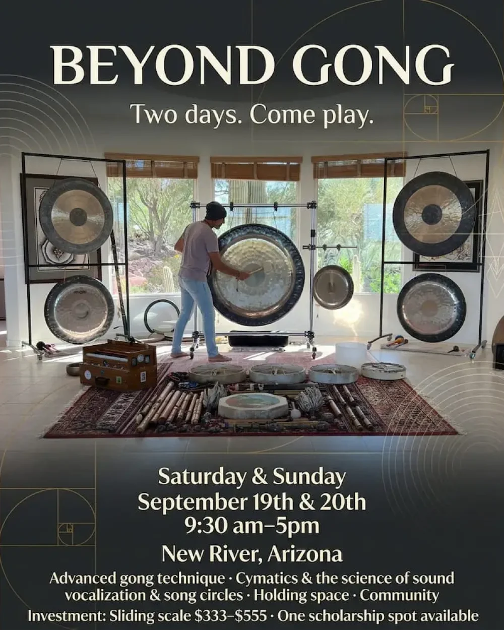 Flier for the Beyond Gong weekend, Saturday and Sunday September 19 and 20, 9:30am to 5pm, New River, Arizona