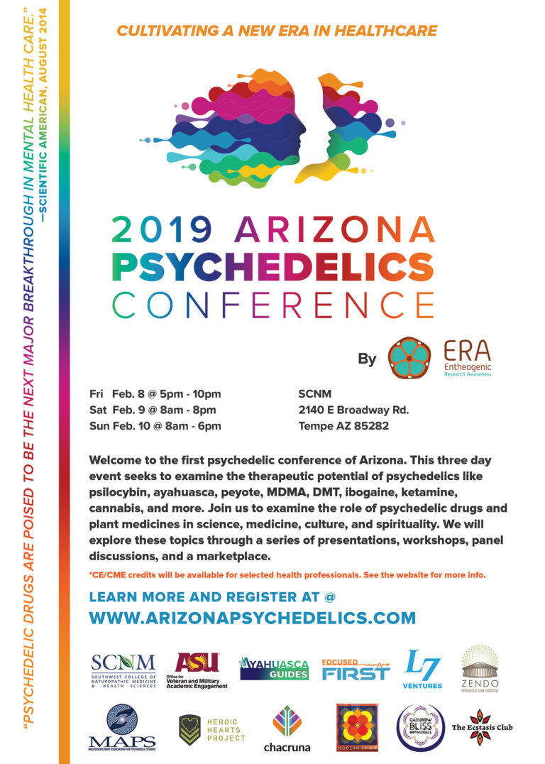 Flier for the 2019 Arizona Psychedelics Conference, February 8 to 10 at SCNM in Tempe, Arizona