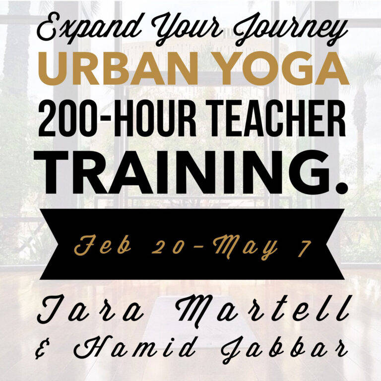 Flier for the Urban Yoga 200 hour teacher training with Tara Martell and Hamid Jabbar, February 20 to May 7